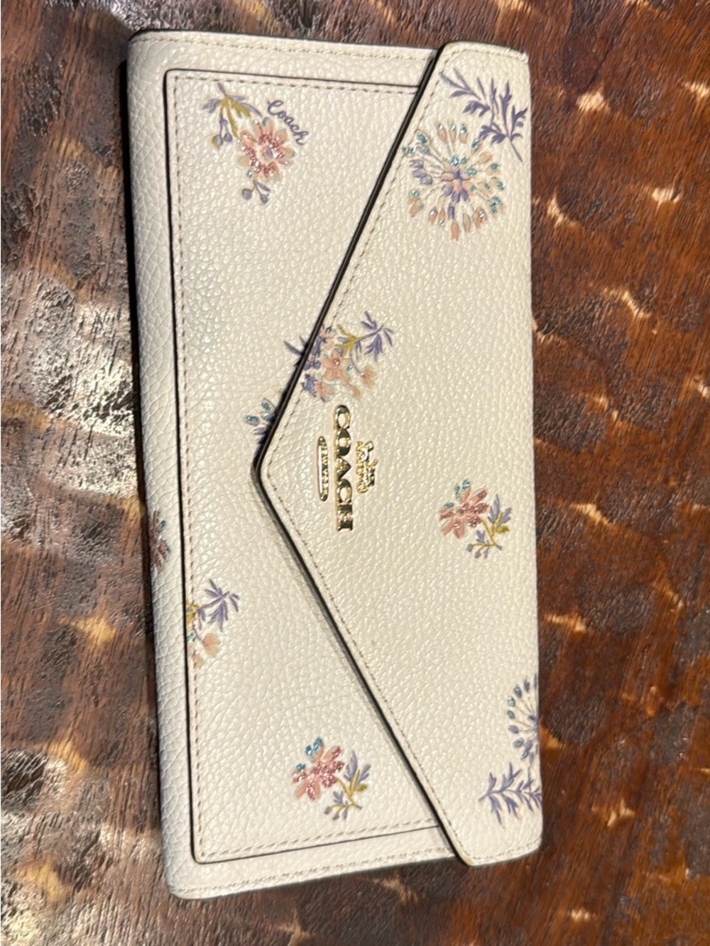 Coach Cream Floral Embossed Leather Wallet with Pastel Accents